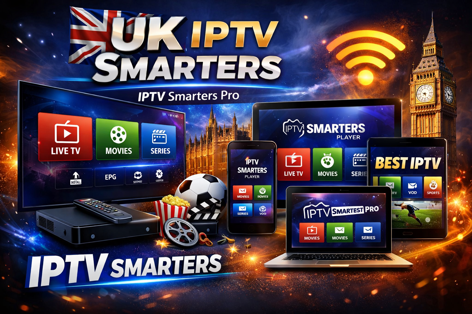 UK IPTV Smarters Pro interface on TV, tablet, and smartphone showing movies, series, and live TV. Best IPTV Smarters player for streaming entertainment.