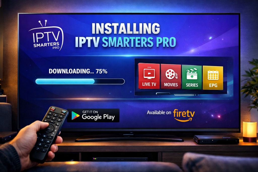 IPTV Smarters Pro on TV showing how to install IPTV Smarters Pro on a smart TV with live TV, movies, and series interface