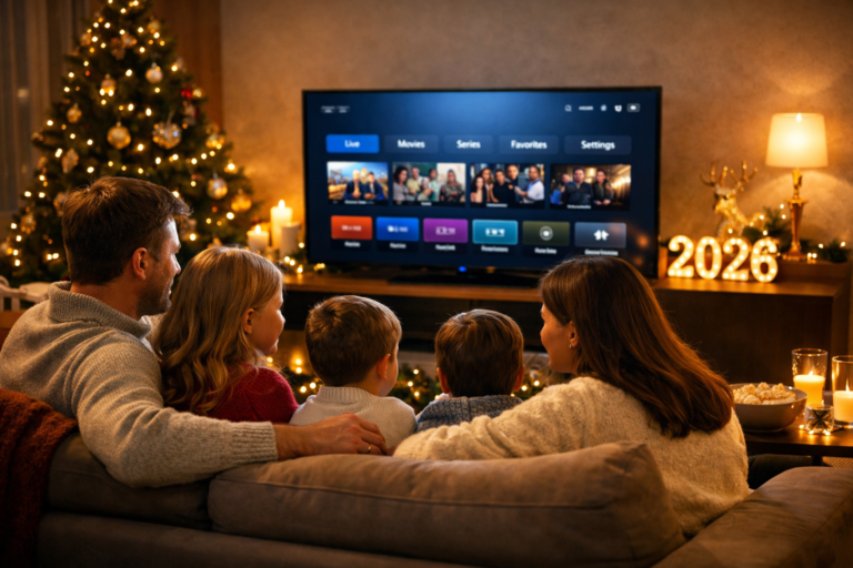 Happy family watching TV together during New Year with IPTV Smarters Pro New Year Offer