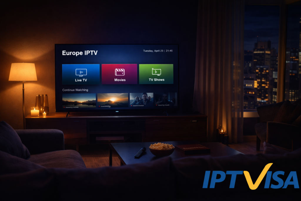 Europe IPTV cinematic living room with modern television setup