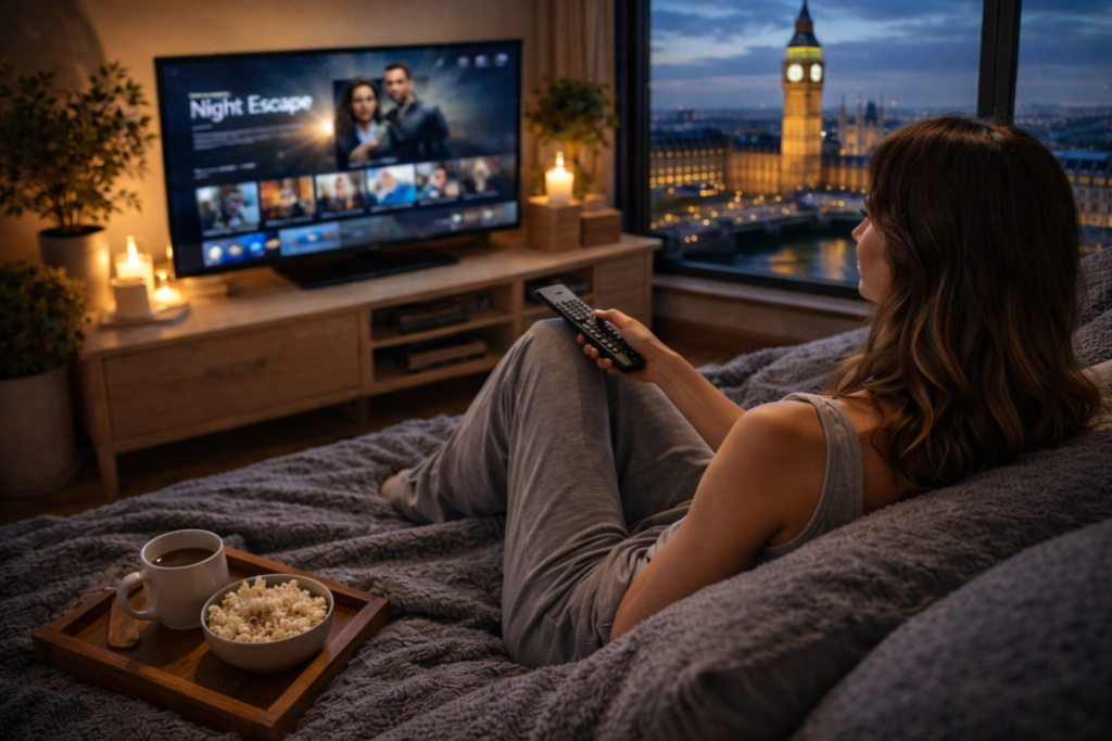 Europe IPTV service showing a woman watching TV with a European city view