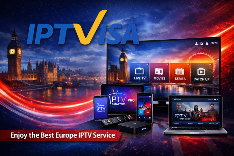 Europe IPTV service displayed on multiple devices with a European city background