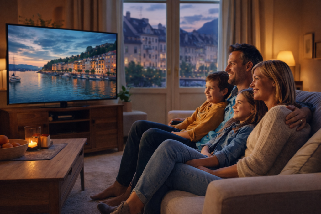 IPTV streaming Europe with a happy family watching TV in a modern European home