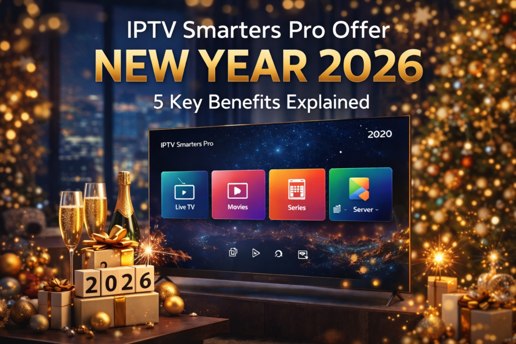 IPTV Smarters Pro Offer New Year 2026 featured image showing a modern New Year atmosphere and smart IPTV interface