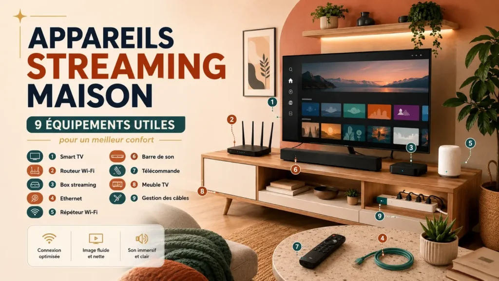 Appareils streaming maison avec Smart TV, routeur Wi-Fi, box streaming et équipements utiles pour un meilleur confort