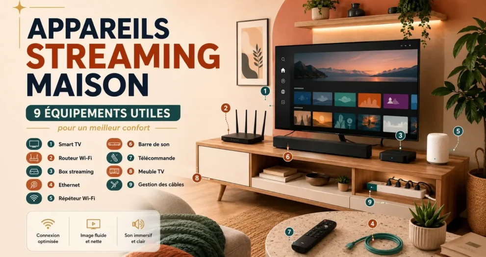 Appareils streaming maison avec Smart TV, routeur Wi-Fi, box streaming et équipements utiles pour un meilleur confort