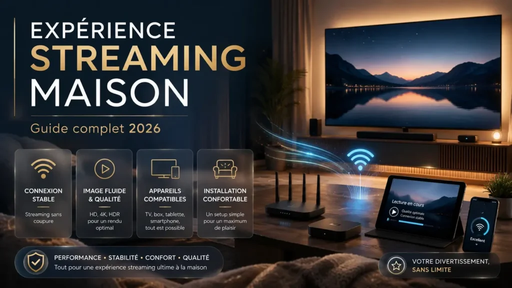 Expérience streaming maison avec Smart TV, connexion stable, appareils compatibles et setup confortable en 2026
