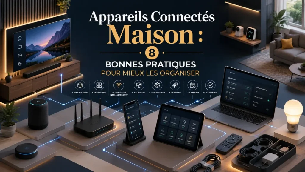 Appareils connectés maison avec Smart TV, routeur Wi-Fi, tablette, objets connectés et organisation numérique à domicile
