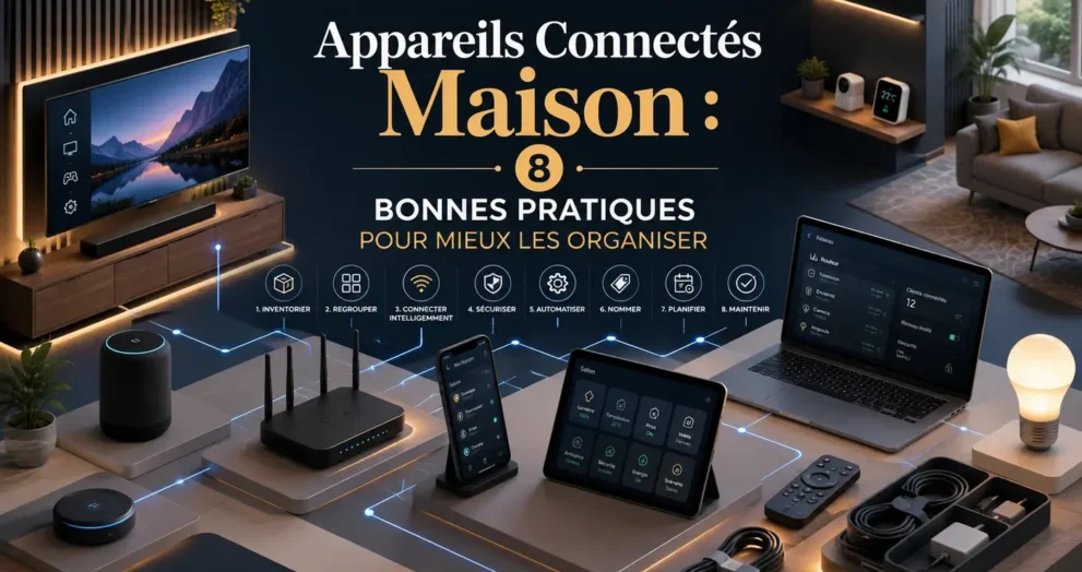 Appareils connectés maison avec Smart TV, routeur Wi-Fi, tablette, objets connectés et organisation numérique à domicile