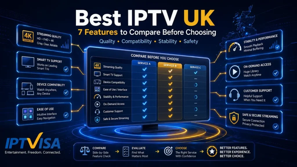 Best IPTV UK streaming features comparison for smart TV, quality, stability, and device support