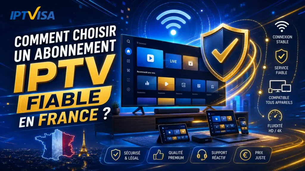 Illustration moderne expliquant comment choisir un abonnement IPTV fiable en France avec service stable, qualité premium et compatibilité multi-appareils