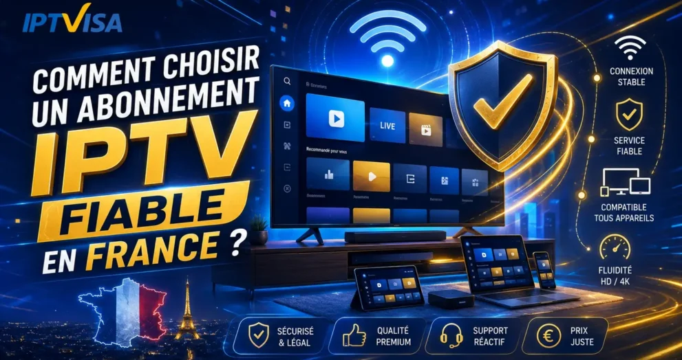 Illustration moderne expliquant comment choisir un abonnement IPTV fiable en France avec service stable, qualité premium et compatibilité multi-appareils
