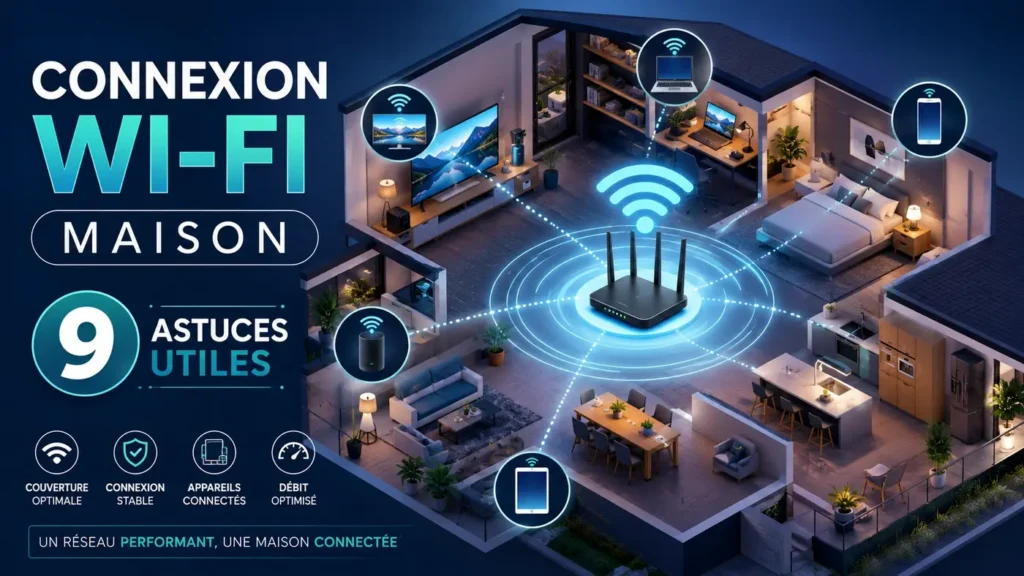 Connexion Wi-Fi maison avec routeur central, appareils connectés et signal stable dans une maison moderne