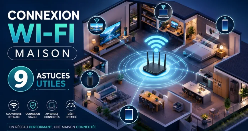 Connexion Wi-Fi maison avec routeur central, appareils connectés et signal stable dans une maison moderne