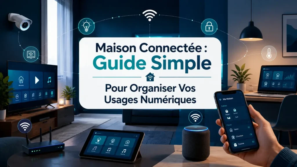 Maison connectée avec smartphone, tablette, Smart TV, Wi-Fi et appareils intelligents dans un intérieur moderne