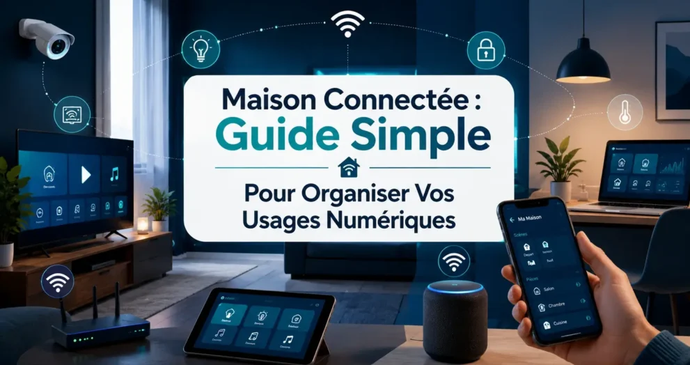 Maison connectée avec smartphone, tablette, Smart TV, Wi-Fi et appareils intelligents dans un intérieur moderne