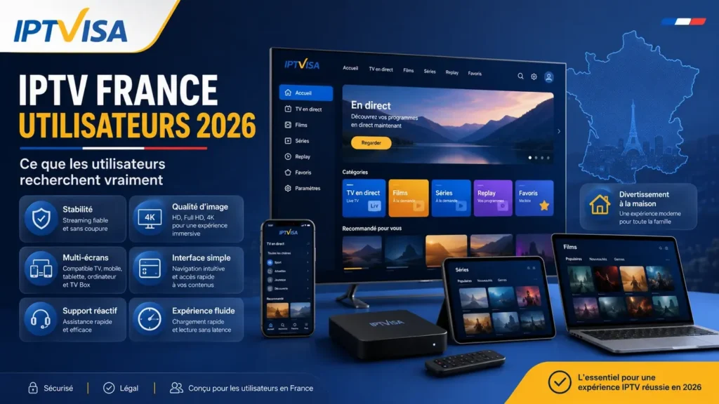 Illustration moderne sur IPTV France utilisateurs 2026 avec stabilité, qualité d’image, multi-écrans, interface simple et support réactif
