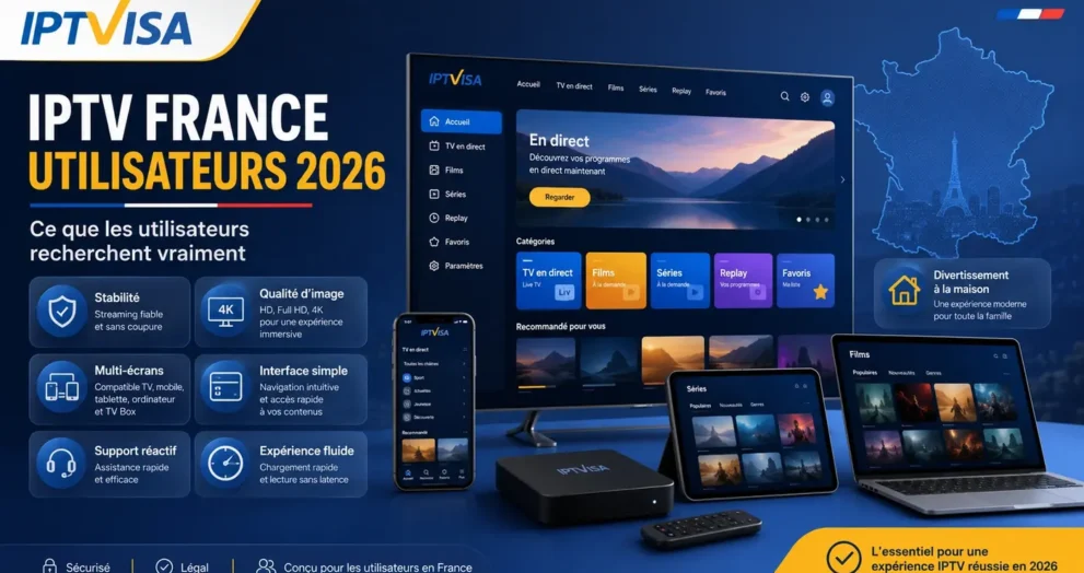 Illustration moderne sur IPTV France utilisateurs 2026 avec stabilité, qualité d’image, multi-écrans, interface simple et support réactif