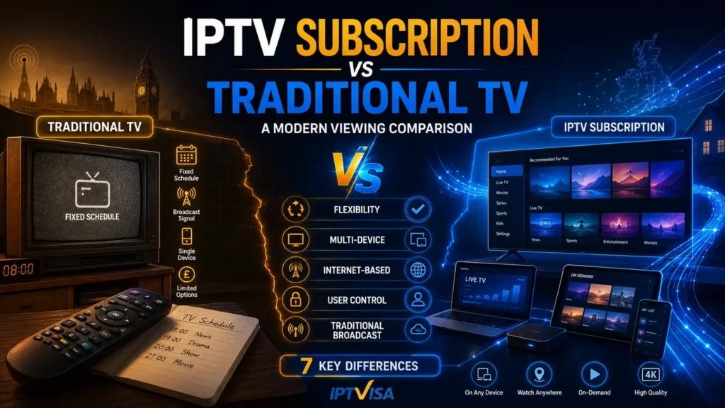 IPTV Subscription vs Traditional TV comparison showing flexible streaming and classic television