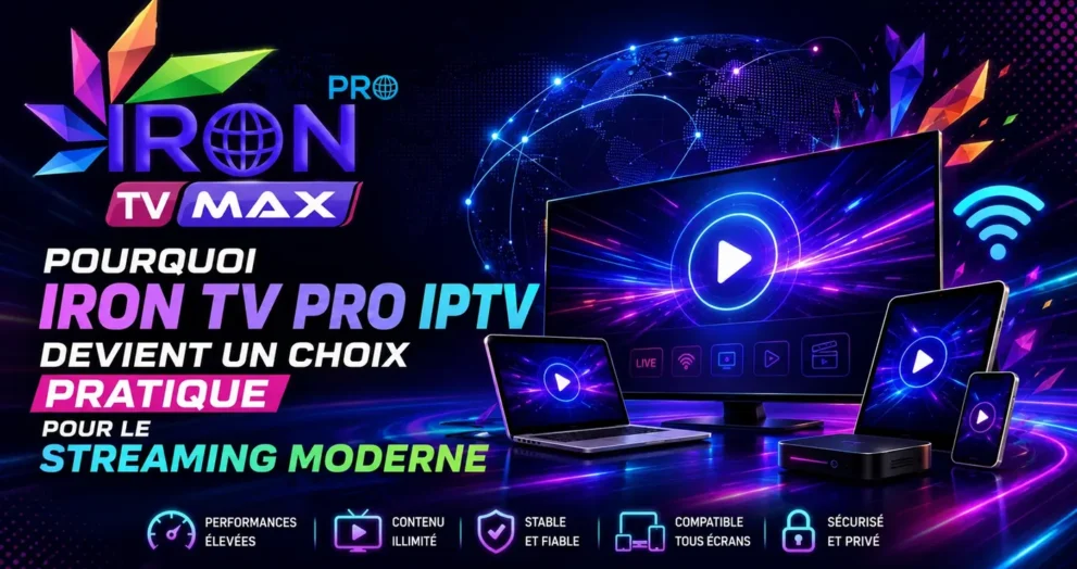 Image futuriste représentant Iron TV Pro IPTV comme une solution pratique pour le streaming moderne sur plusieurs appareils connectés.