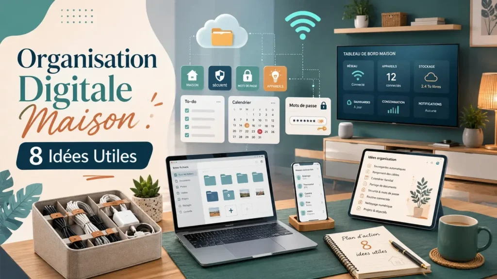 Organisation digitale maison avec appareils connectés, rangement numérique, Wi-Fi stable et outils du quotidien