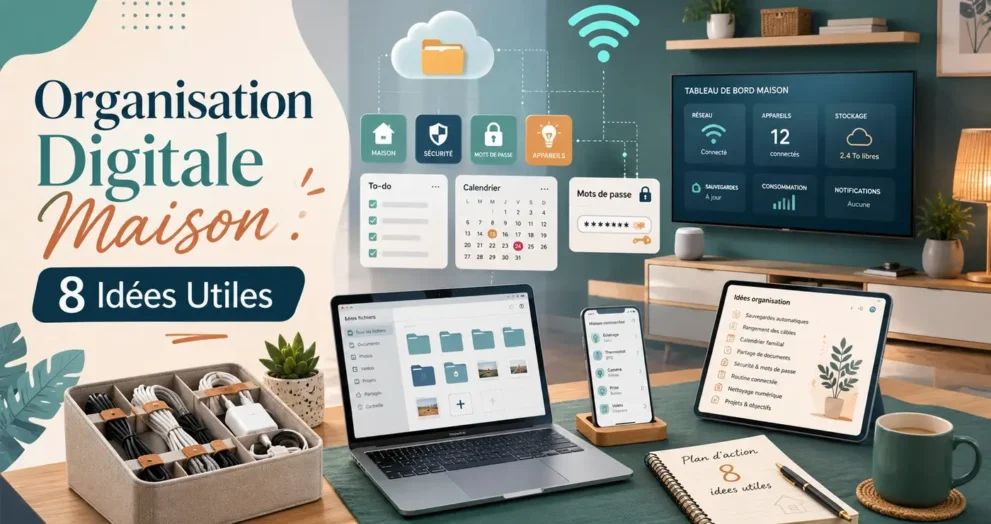 Organisation digitale maison avec appareils connectés, rangement numérique, Wi-Fi stable et outils du quotidien