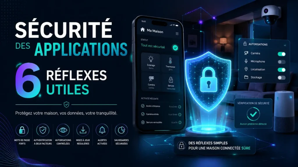 Sécurité des applications avec smartphone, maison connectée, permissions, protection des données et réflexes utiles