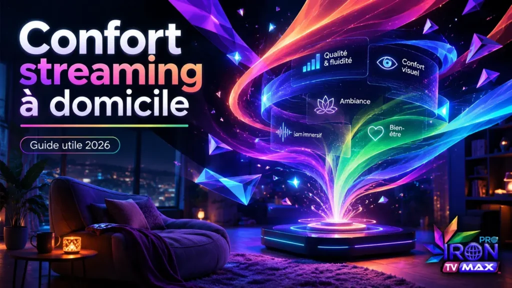 Confort streaming à domicile avec ambiance futuriste et espace numérique coloré pour un guide utile 2026