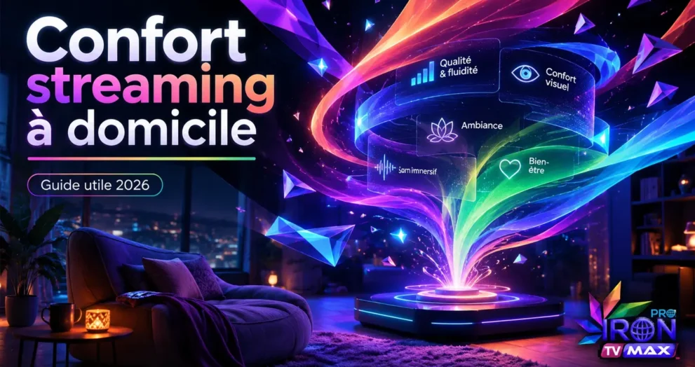 Confort streaming à domicile avec ambiance futuriste et espace numérique coloré pour un guide utile 2026