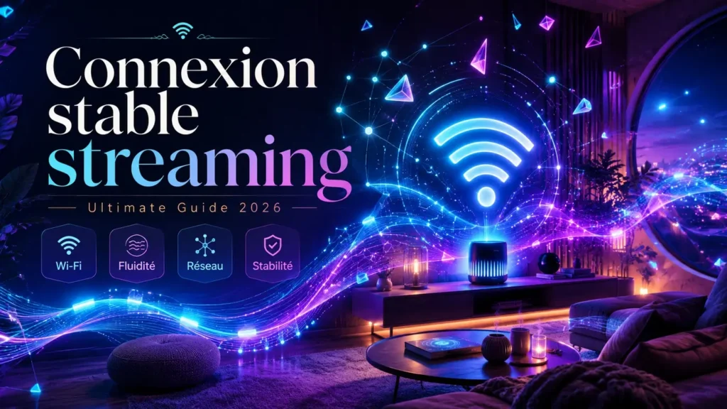 Connexion stable streaming avec Wi-Fi lumineux, réseau fluide et ambiance futuriste à domicile