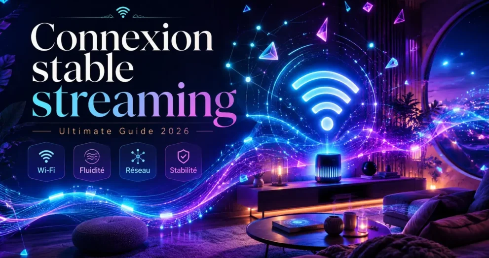 Connexion stable streaming avec Wi-Fi lumineux, réseau fluide et ambiance futuriste à domicile