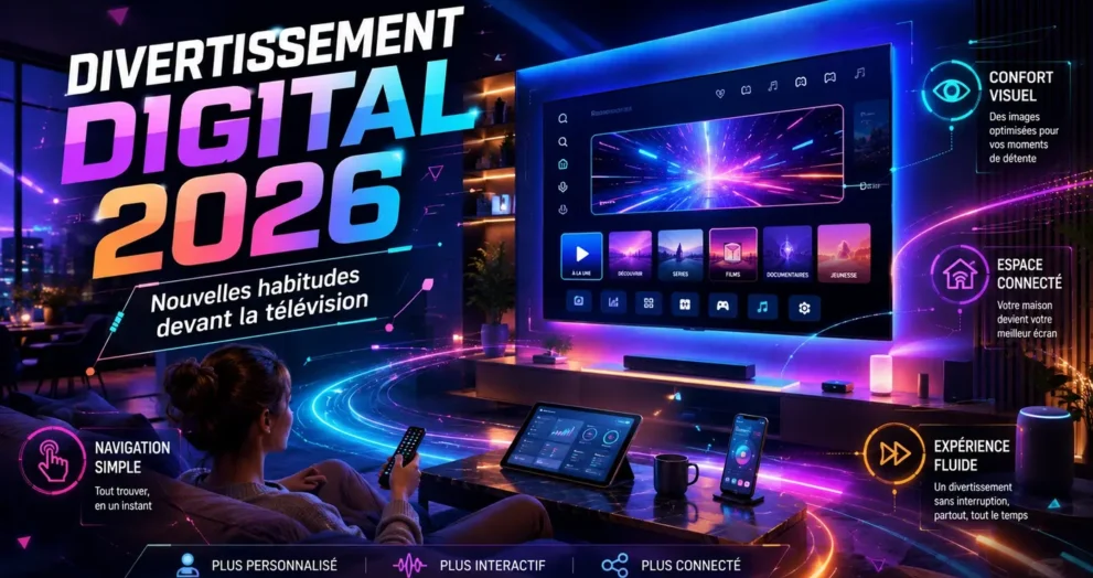 Divertissement digital 2026 avec salon connecté, écran moderne, navigation simple et expérience fluide