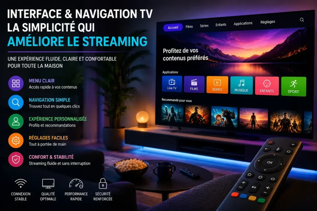 Interface streaming TV avec navigation simple, menus clairs, écran moderne et ambiance connectée