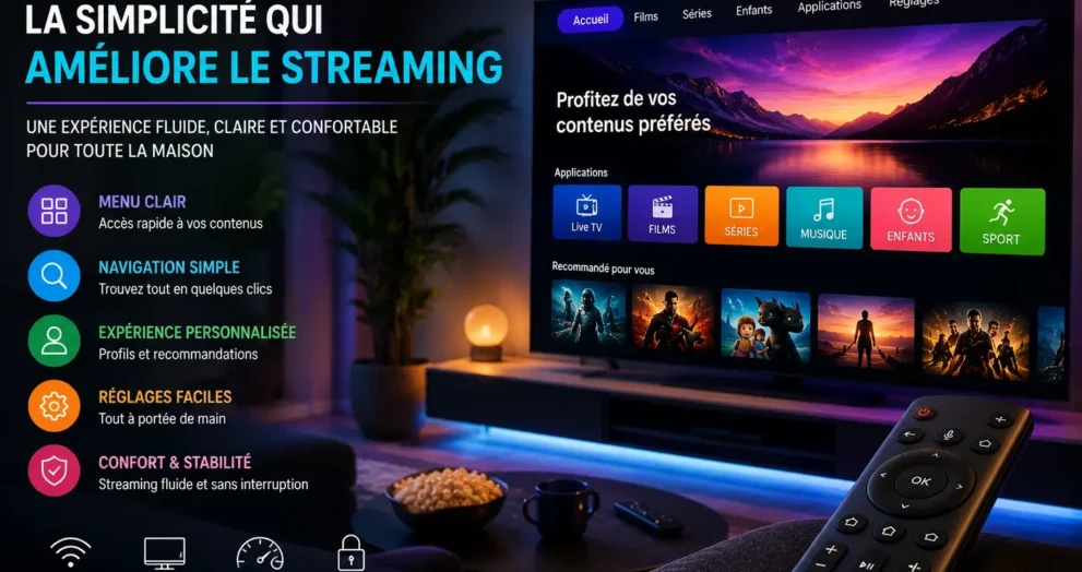 Interface streaming TV avec navigation simple, menus clairs, écran moderne et ambiance connectée