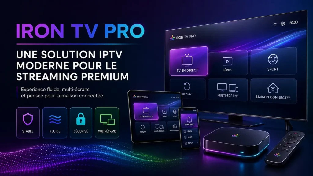 Iron TV Pro streaming premium avec solution IPTV moderne, multi-écrans et maison connectée