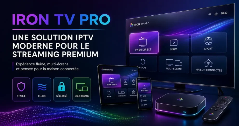 Iron TV Pro streaming premium avec solution IPTV moderne, multi-écrans et maison connectée