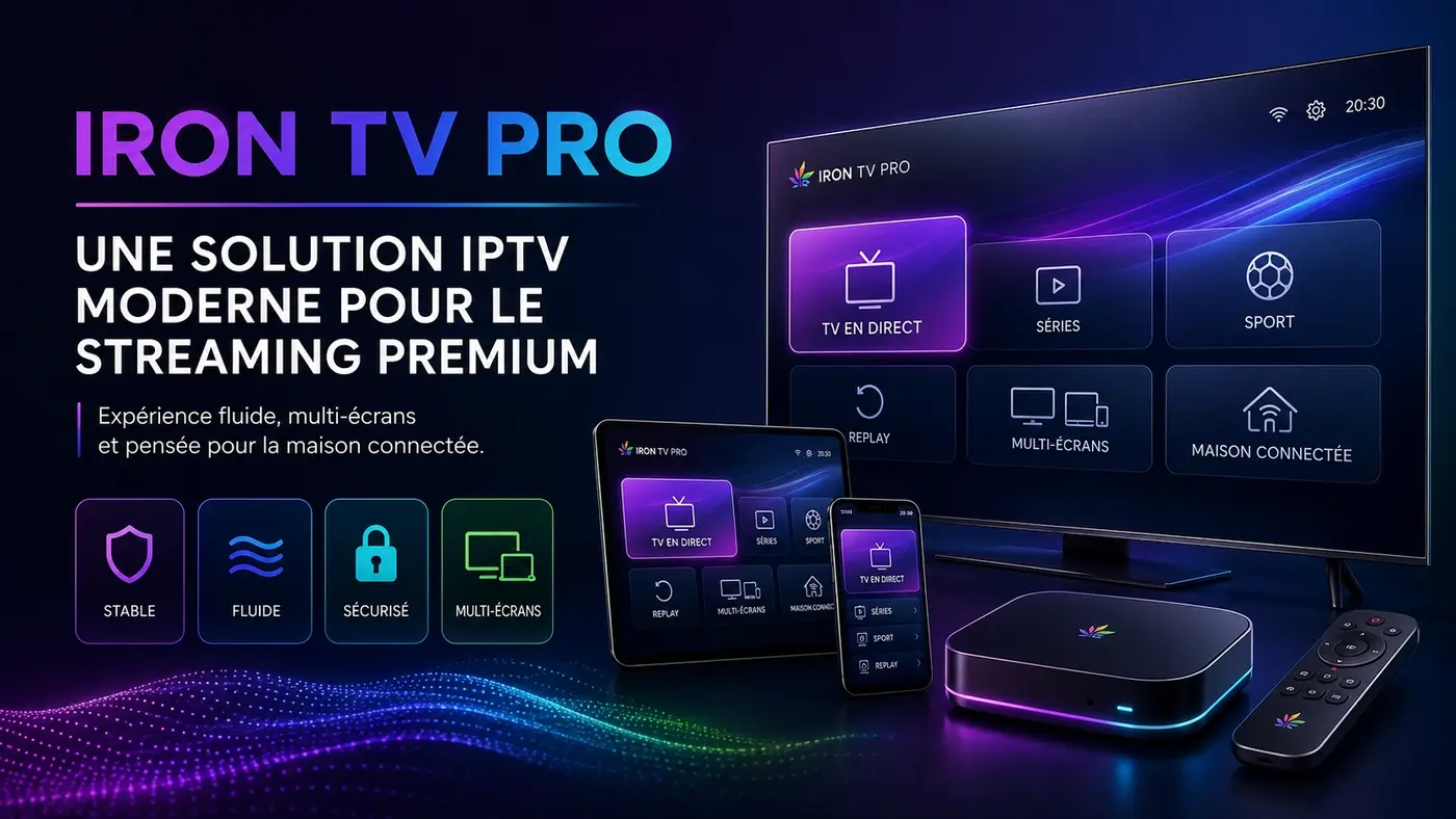 Iron TV Pro streaming premium avec solution IPTV moderne, multi-écrans et maison connectée