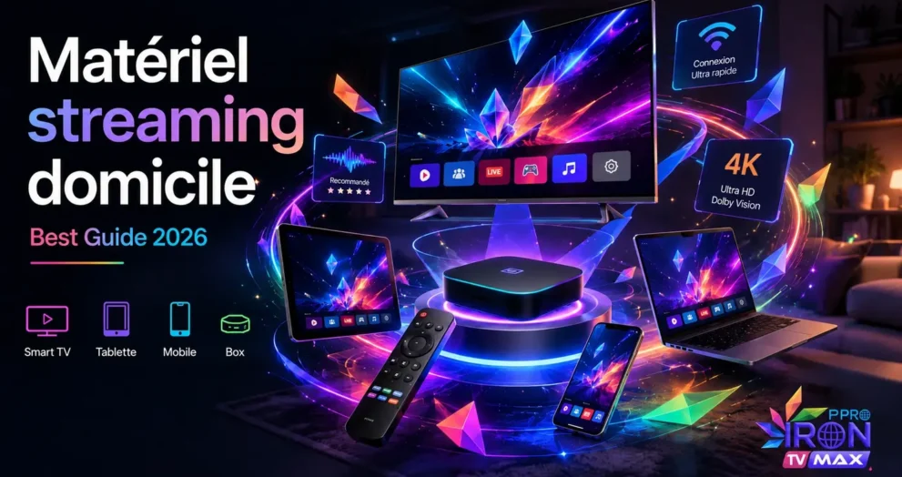 Matériel streaming domicile avec Smart TV, box, tablette, mobile et ordinateur dans un univers futuriste