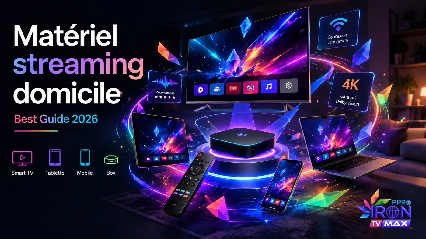 Matériel streaming domicile avec Smart TV, box, tablette, mobile et ordinateur dans un univers futuriste