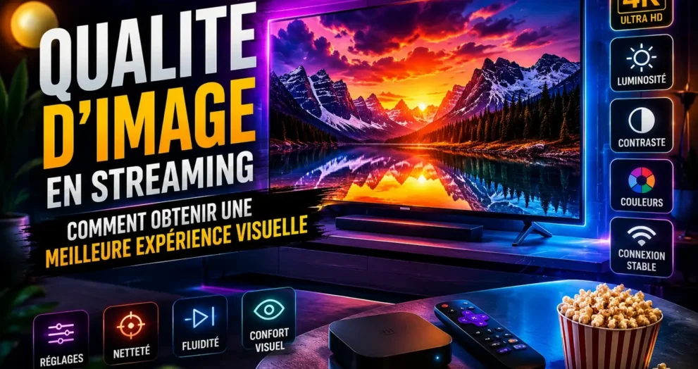 Qualité image streaming avec écran 4K, couleurs lumineuses, contraste réglé et connexion stable