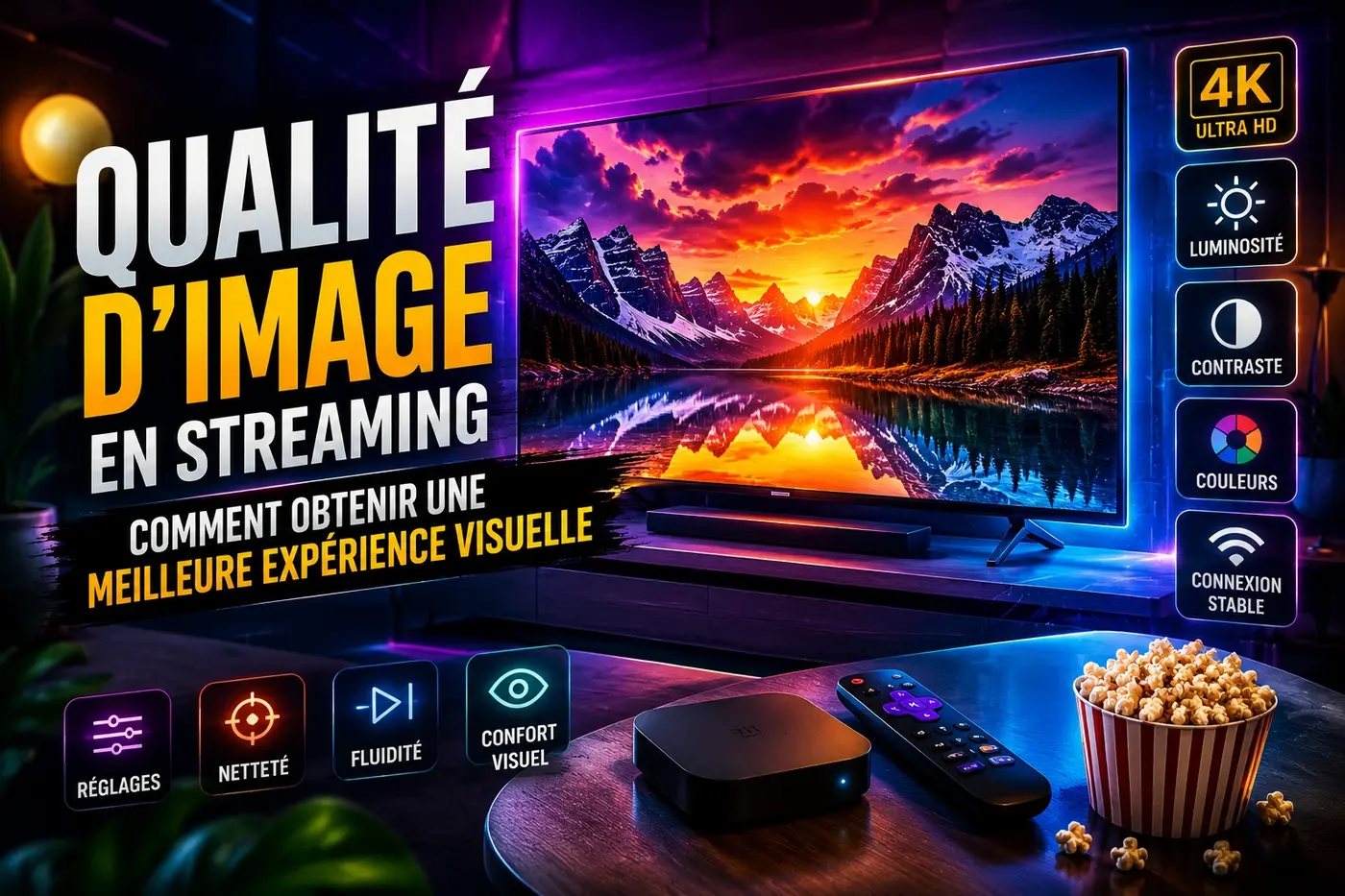 Qualité image streaming avec écran 4K, couleurs lumineuses, contraste réglé et connexion stable