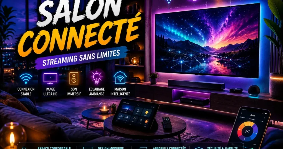 Salon connecté streaming avec espace TV moderne, lumière d’ambiance, écran immersif et appareils connectés