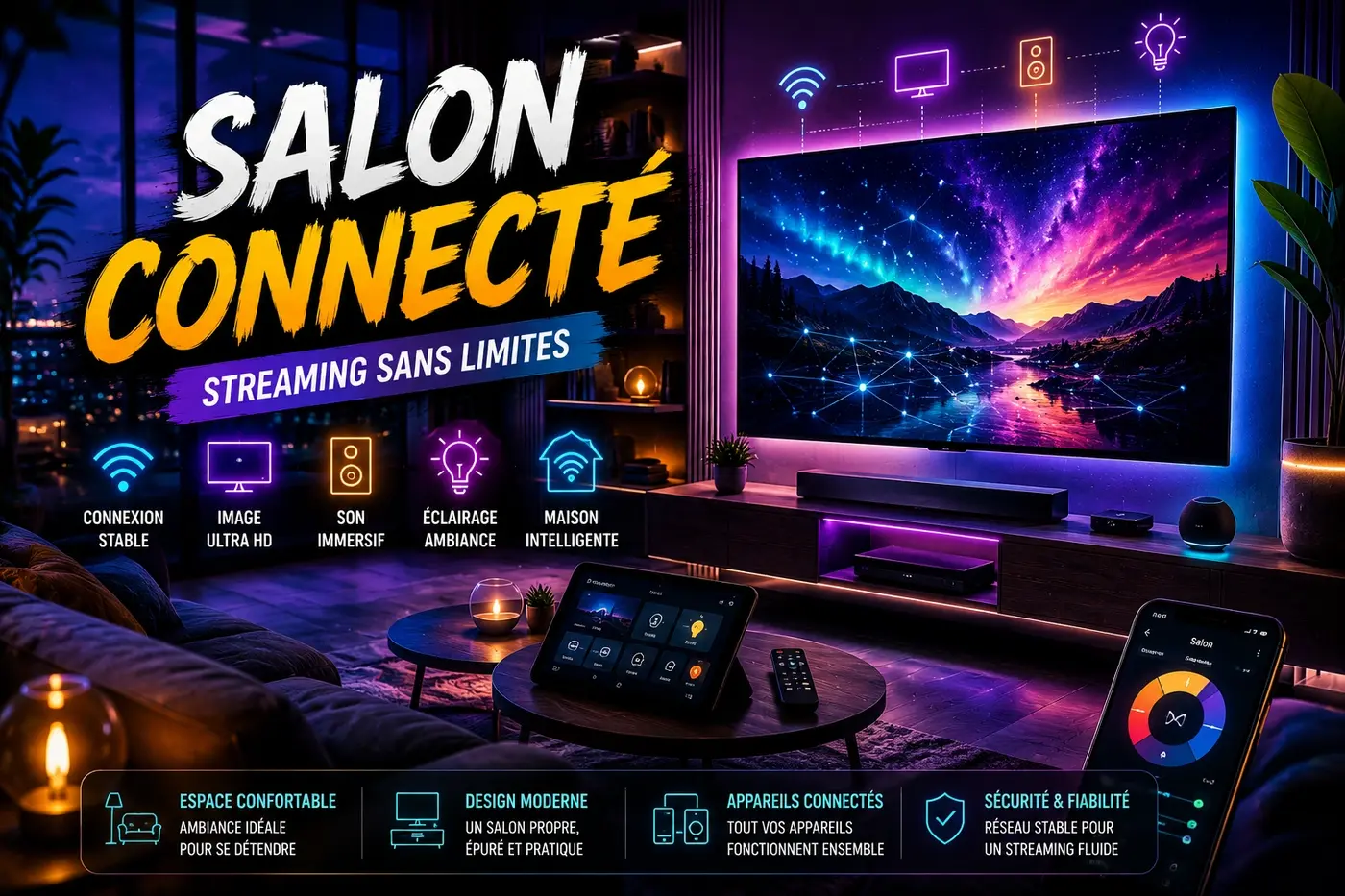 Salon connecté streaming avec espace TV moderne, lumière d’ambiance, écran immersif et appareils connectés