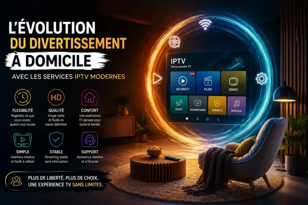 services IPTV modernes pour le divertissement à domicile avec expérience TV flexible, interface simple, streaming stable et confort familial