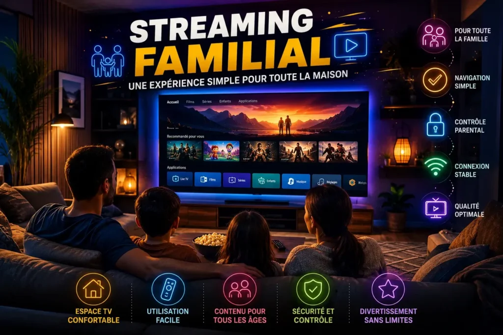 Streaming familial dans un salon moderne avec famille, espace TV confortable et ambiance chaleureuse