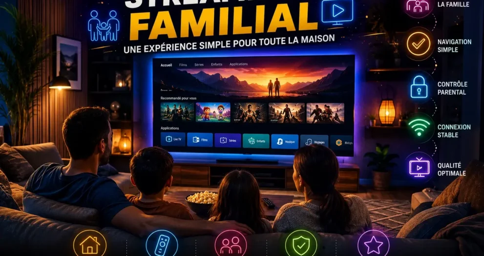 Streaming familial dans un salon moderne avec famille, espace TV confortable et ambiance chaleureuse