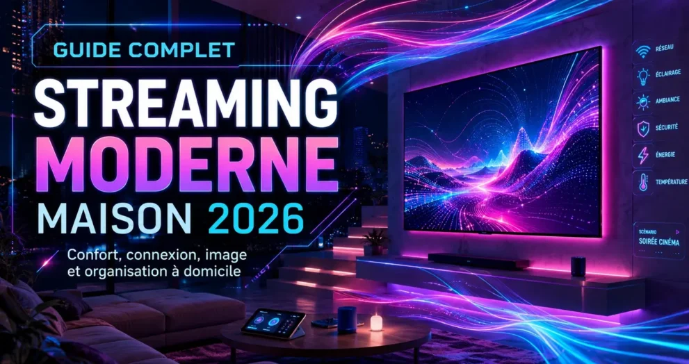 Streaming moderne maison avec salon futuriste, écran connecté, lumière néon et expérience TV fluide