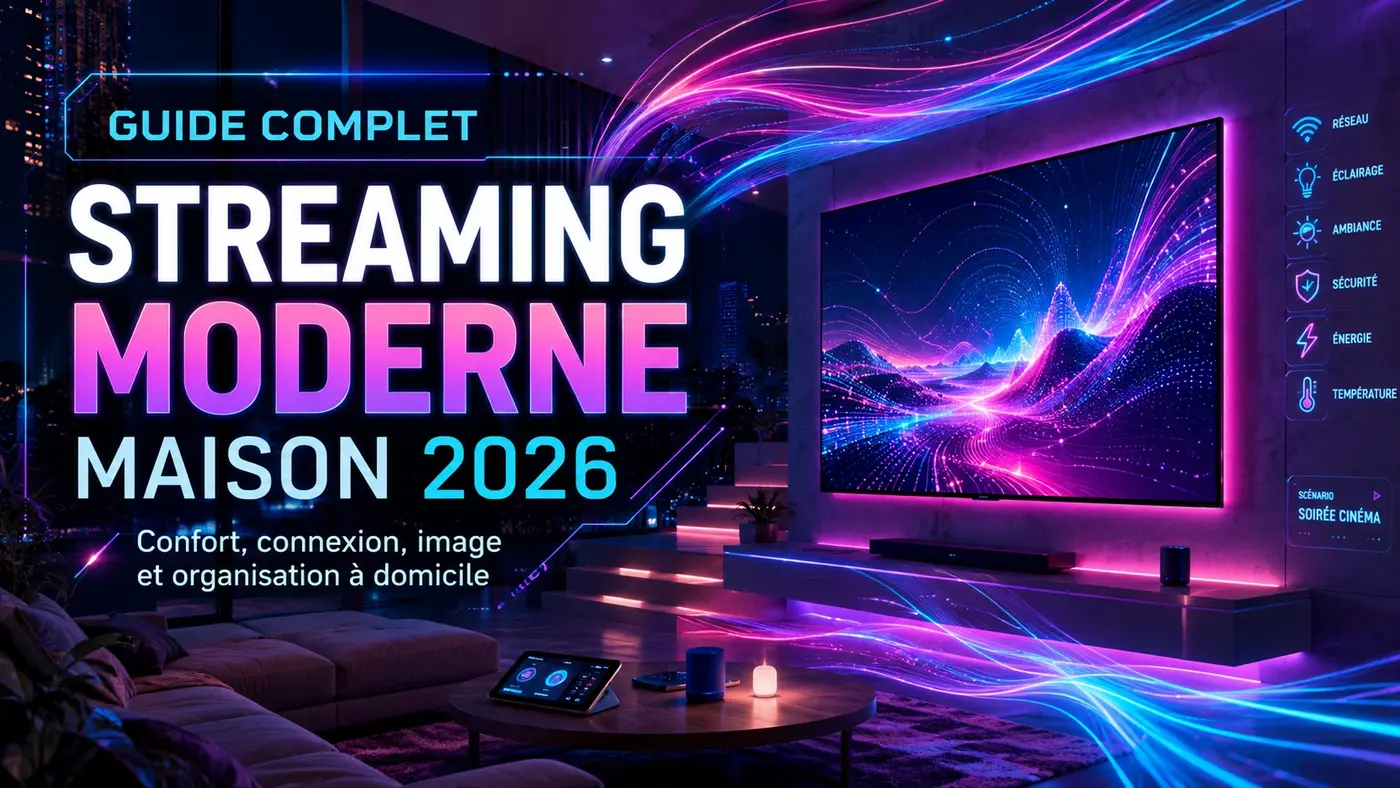 Streaming moderne maison avec salon futuriste, écran connecté, lumière néon et expérience TV fluide