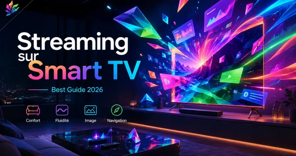 Streaming sur Smart TV avec écran futuriste, interface fluide et ambiance numérique colorée