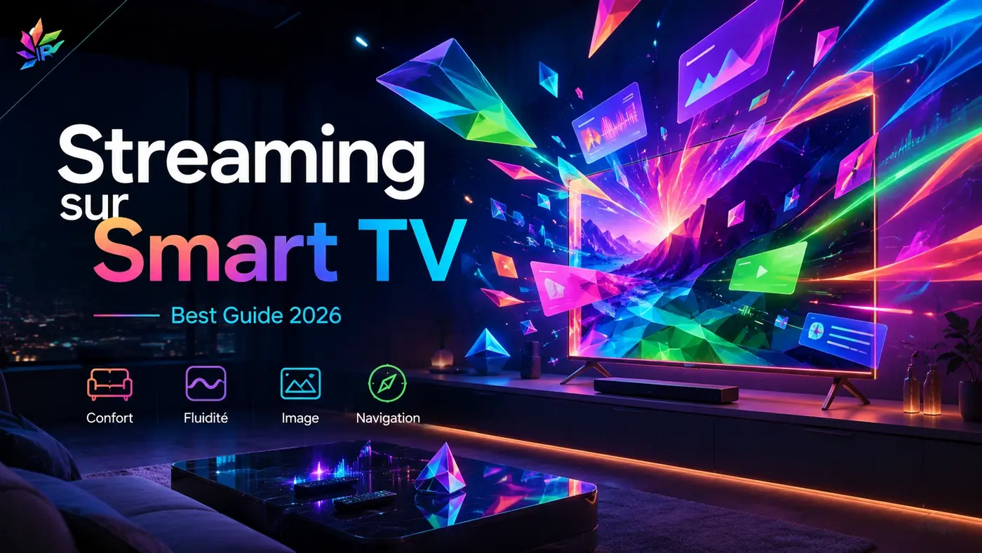 Streaming sur Smart TV avec écran futuriste, interface fluide et ambiance numérique colorée